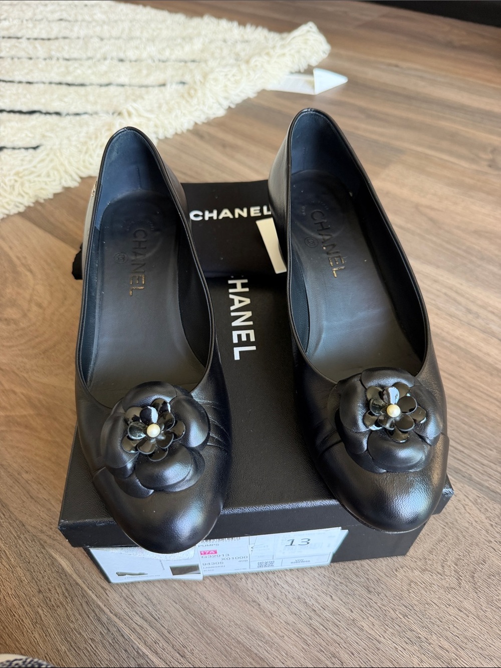 Authentic CHANEL Black Leather Camellia Toe Ballet Flats
